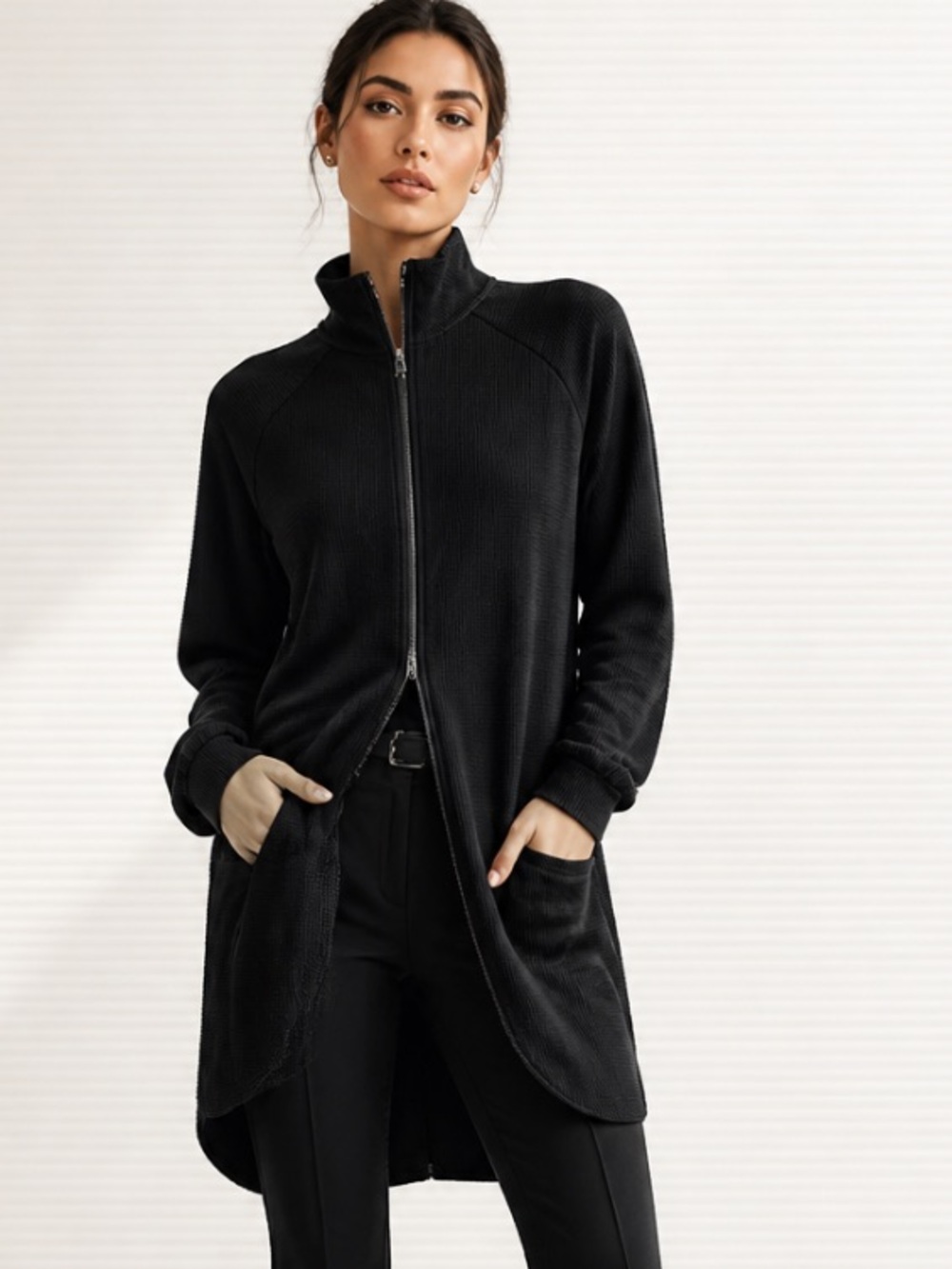 ATHLETA Jacket Coat RYE Activewear Black Zip Pockets Tunic Ribbed $148 486262